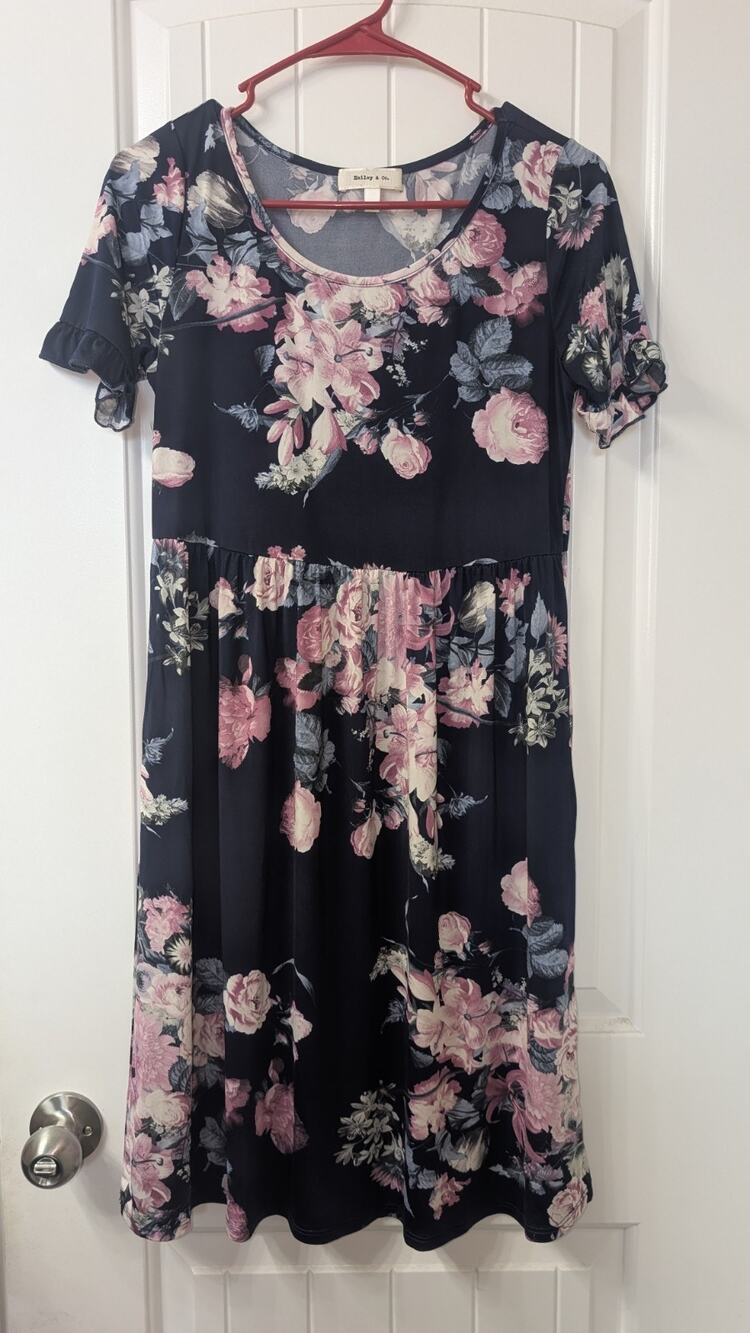 Hailey & Co. Black Pink Gray Floral Chiffon Ruffle A-Line Dress Flutter M